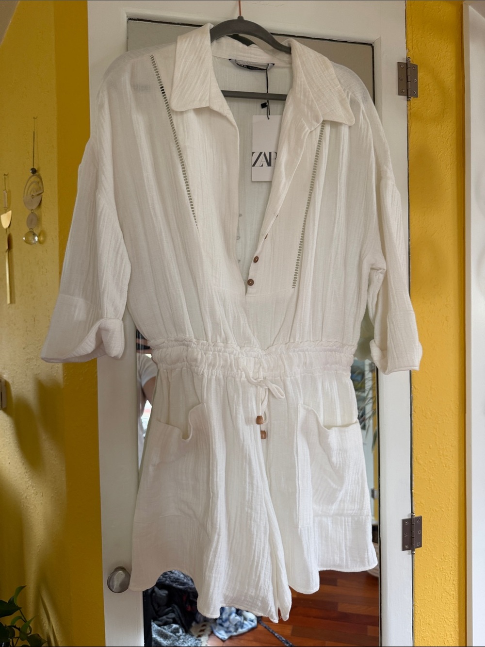 Zara White Button-Front Gauze Romper with Drawstring Waist